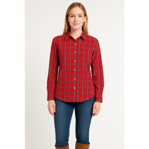 Talbots Petites Women’s Shirt 6P Red Plaid Cotton Blend Long Sleeve Button Front